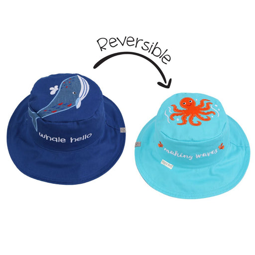 FlapJackKids Καπέλο Διπλής Όψης UPF 50+ – Blue Whale/Octopus (Cotton)
