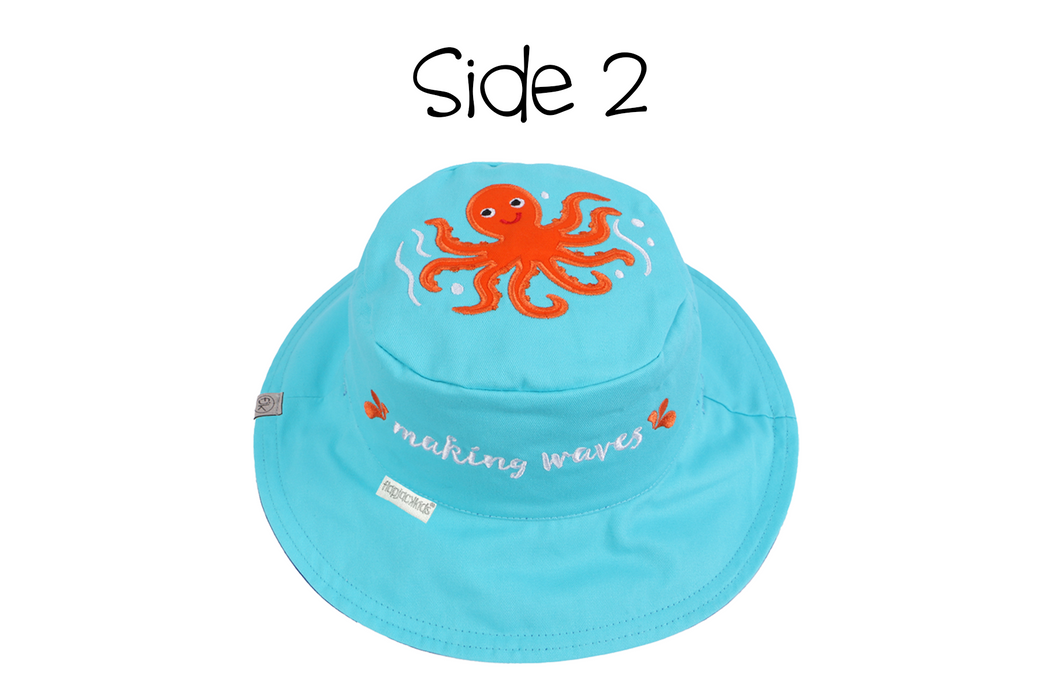 FlapJackKids Καπέλο Διπλής Όψης UPF 50+ – Blue Whale/Octopus (Cotton)